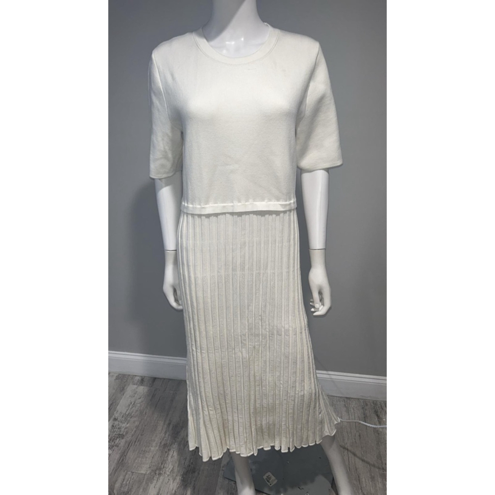Women's Elie Tahari White Short Sleeve Knit Pleated Midi Dress - Picture 9 of 11